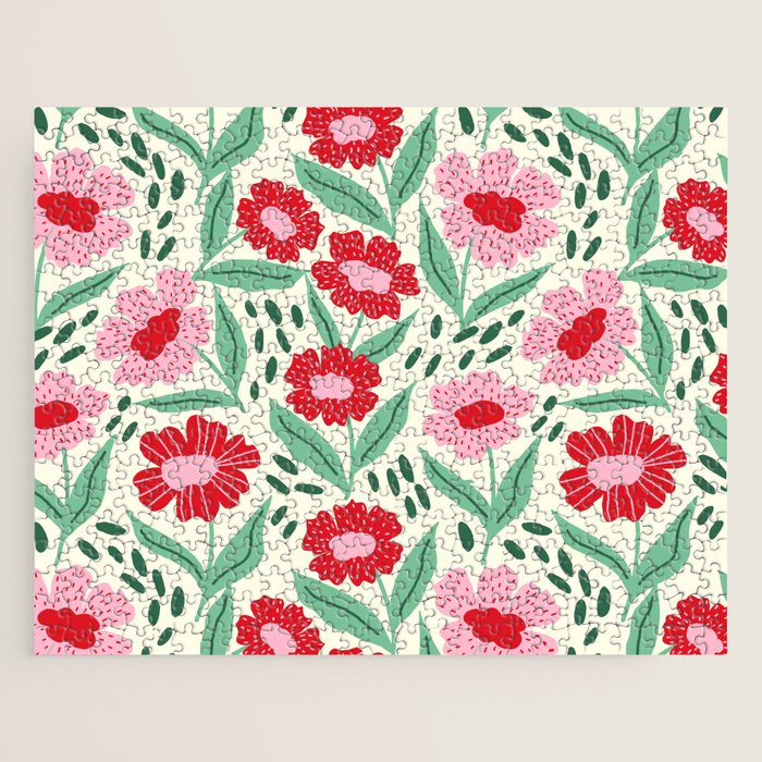 Summer Floral - red, green and pink Jigsaw Puzzle Gallery Image 1