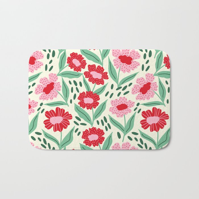 Summer Floral - red, green and pink Bath Mat Gallery Image 1