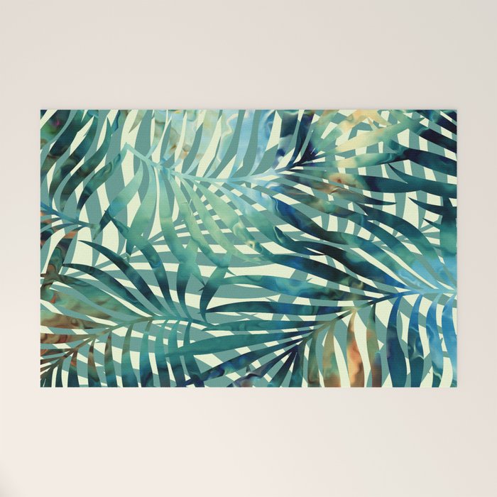 Tropical, Jungle, Palm Leaves, Watercolor Abstract, Blue and Green Welcome Mat Gallery Image 1