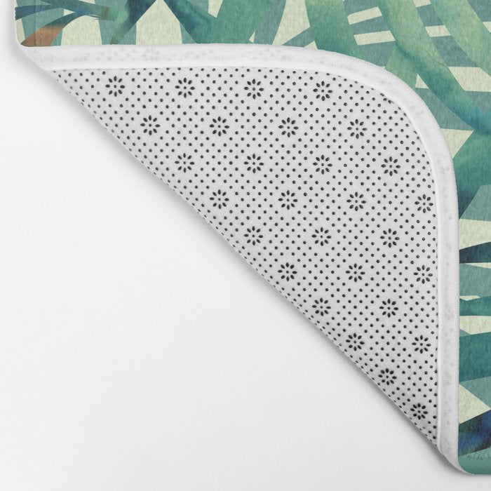 Tropical, Jungle, Palm Leaves, Watercolor Abstract, Blue and Green Bath Mat Gallery Image 2