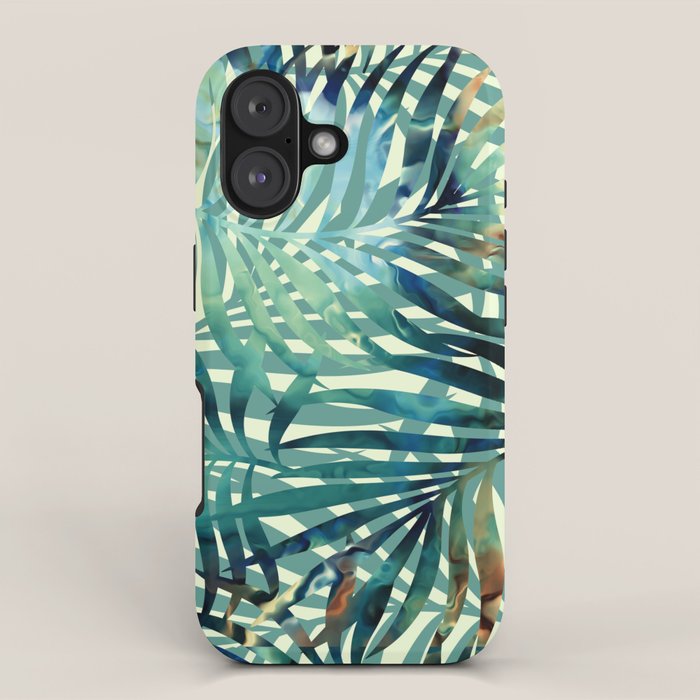 Tropical, Jungle, Palm Leaves, Watercolor Abstract, Blue and Green iPhone Case Gallery Image 1