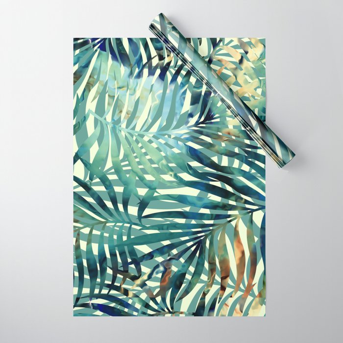 Tropical, Jungle, Palm Leaves, Watercolor Abstract, Blue and Green Wrapping Paper Gallery Image 1