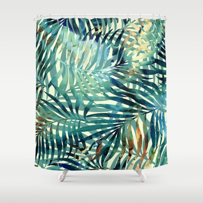 Tropical, Jungle, Palm Leaves, Watercolor Abstract, Blue and Green Shower Curtain Gallery Image 1