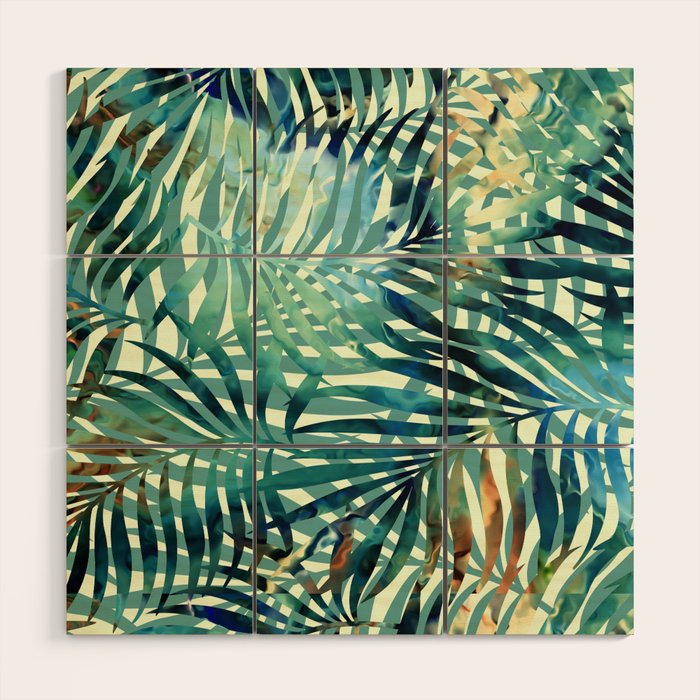 Tropical, Jungle, Palm Leaves, Watercolor Abstract, Blue and Green Wood Wall Art Gallery Image 1