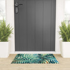 Tropical, Jungle, Palm Leaves, Watercolor Abstract, Blue and Green Welcome Mat Gallery Image 3