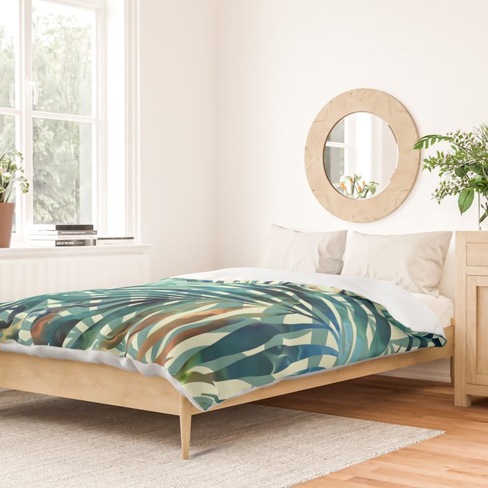 Tropical, Jungle, Palm Leaves, Watercolor Abstract, Blue and Green Duvet Cover Gallery Image 2