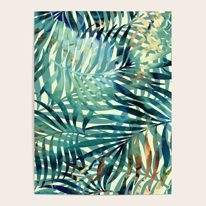 Tropical, Jungle, Palm Leaves, Watercolor Abstract, Blue and Green Poster Gallery Image 1