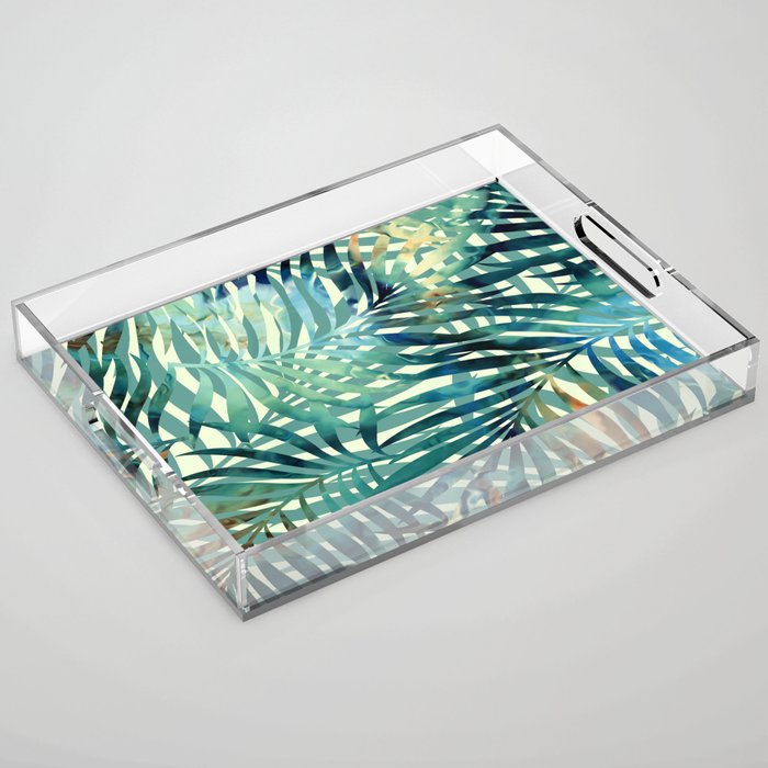 Tropical, Jungle, Palm Leaves, Watercolor Abstract, Blue and Green Acrylic Tray Gallery Image 1