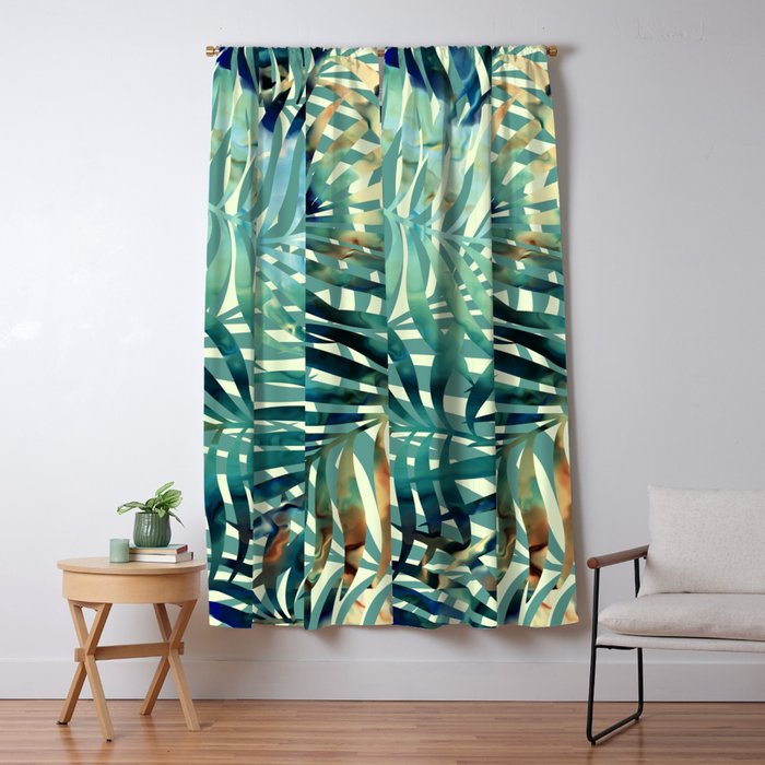 Tropical, Jungle, Palm Leaves, Watercolor Abstract, Blue and Green Window Curtain Gallery Image 5