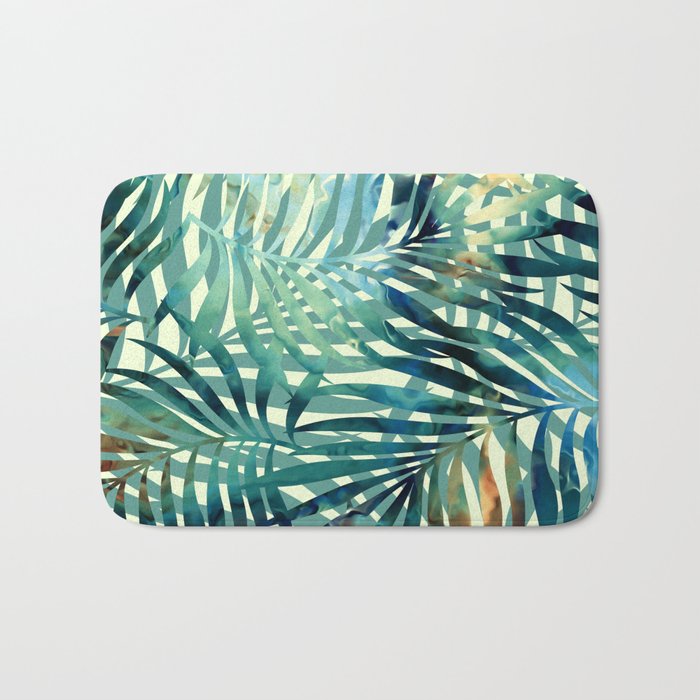 Tropical, Jungle, Palm Leaves, Watercolor Abstract, Blue and Green Bath Mat Gallery Image 1