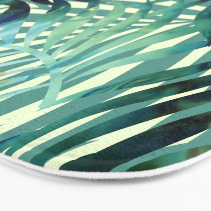 Tropical, Jungle, Palm Leaves, Watercolor Abstract, Blue and Green Bath Mat Gallery Image 3