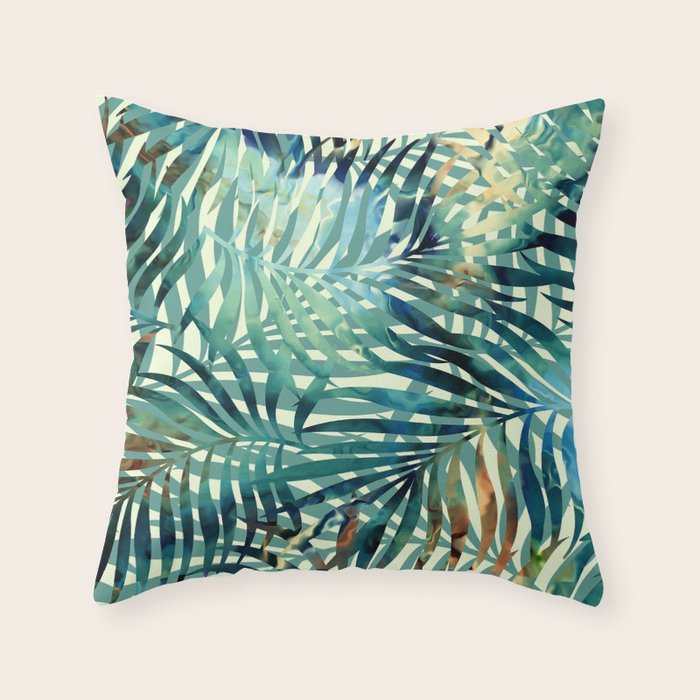 Tropical, Jungle, Palm Leaves, Watercolor Abstract, Blue and Green Throw Pillow Gallery Image 6