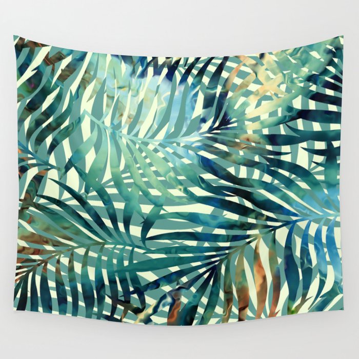 Tropical, Jungle, Palm Leaves, Watercolor Abstract, Blue and Green Wall Tapestry Gallery Image 1