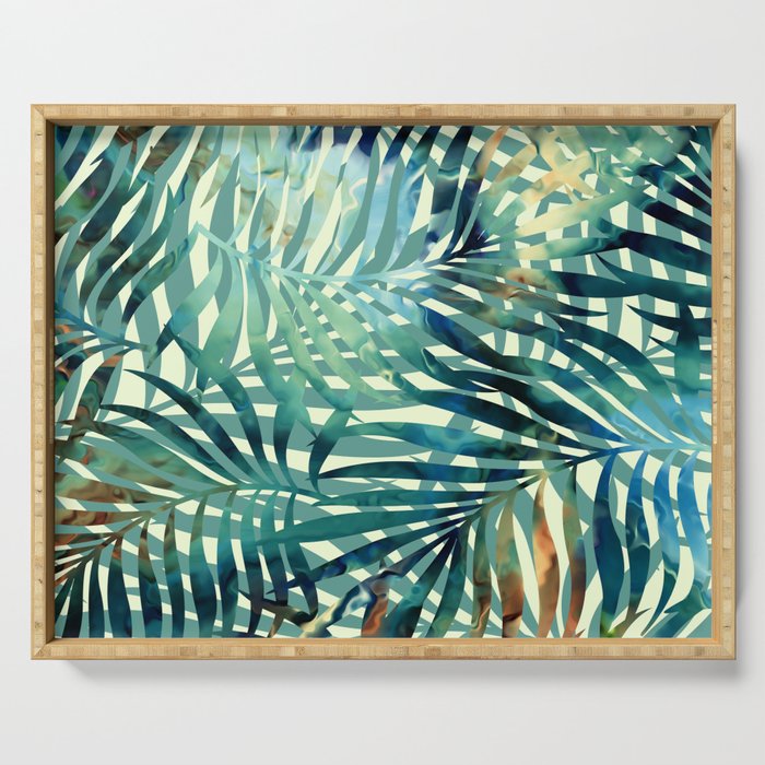 Tropical, Jungle, Palm Leaves, Watercolor Abstract, Blue and Green Serving Tray Gallery Image 1