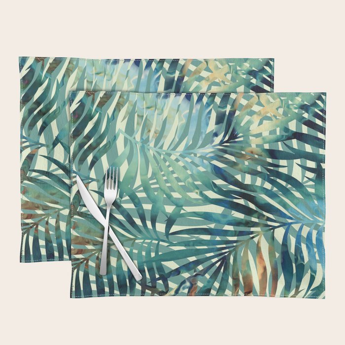 Tropical, Jungle, Palm Leaves, Watercolor Abstract, Blue and Green Placemat Gallery Image 1