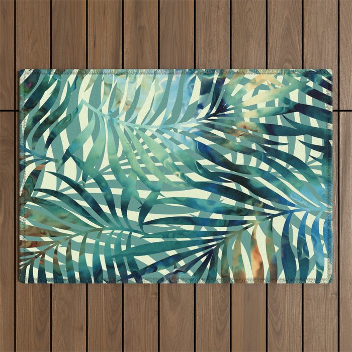 Tropical, Jungle, Palm Leaves, Watercolor Abstract, Blue and Green Outdoor Rug Gallery Image 1