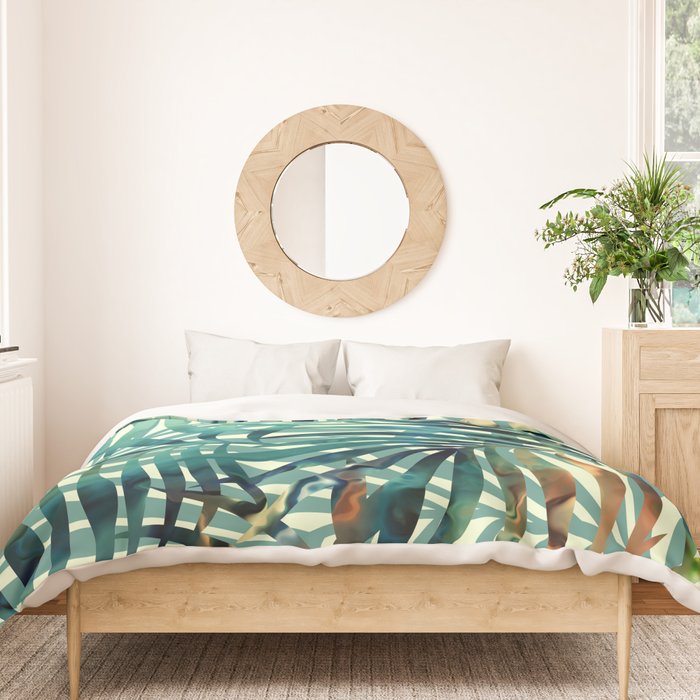 Tropical, Jungle, Palm Leaves, Watercolor Abstract, Blue and Green Duvet Cover Gallery Image 3