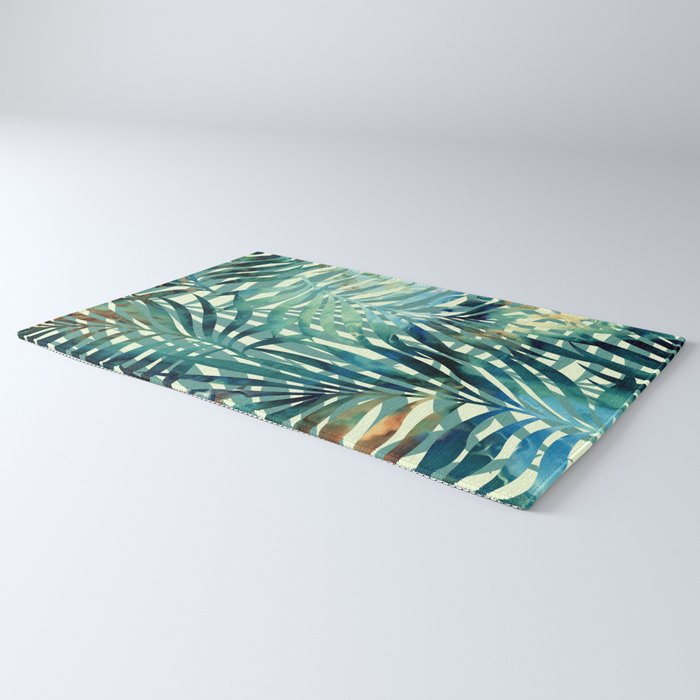 Tropical, Jungle, Palm Leaves, Watercolor Abstract, Blue and Green Rug Gallery Image 3