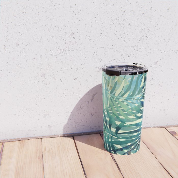 Tropical, Jungle, Palm Leaves, Watercolor Abstract, Blue and Green Travel Mug Gallery Image 4