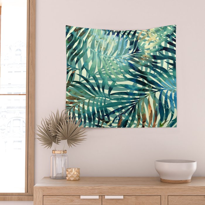 Tropical, Jungle, Palm Leaves, Watercolor Abstract, Blue and Green Wall Tapestry Gallery Image 2