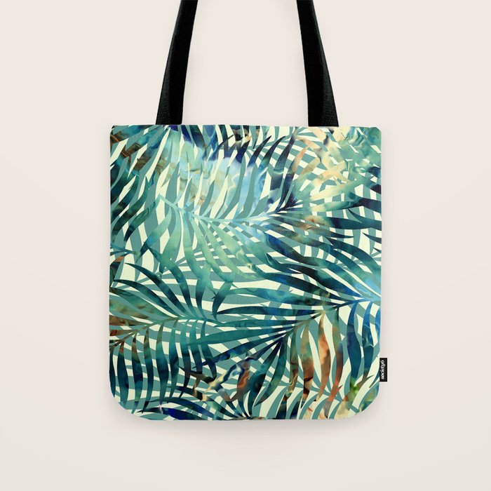 Tropical, Jungle, Palm Leaves, Watercolor Abstract, Blue and Green Tote Bag Gallery Image 1