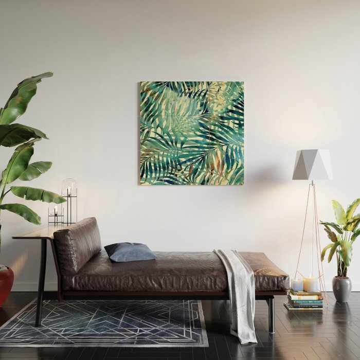 Tropical, Jungle, Palm Leaves, Watercolor Abstract, Blue and Green Wood Wall Art Gallery Image 2