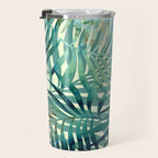 Tropical, Jungle, Palm Leaves, Watercolor Abstract, Blue and Green Travel Mug Gallery Image 3