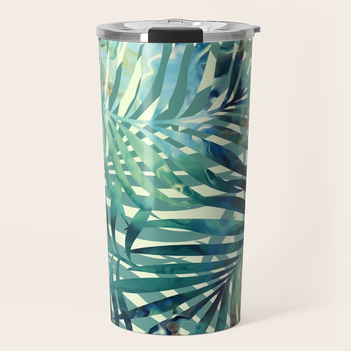 Tropical, Jungle, Palm Leaves, Watercolor Abstract, Blue and Green Travel Mug Gallery Image 1