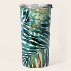 Tropical, Jungle, Palm Leaves, Watercolor Abstract, Blue and Green Travel Mug Gallery Image 2