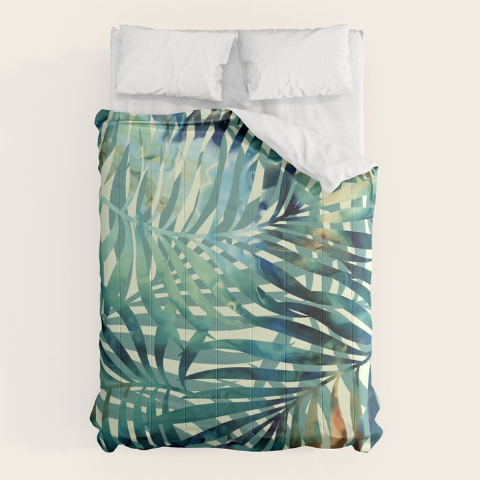 Tropical, Jungle, Palm Leaves, Watercolor Abstract, Blue and Green Comforter Gallery Image 6