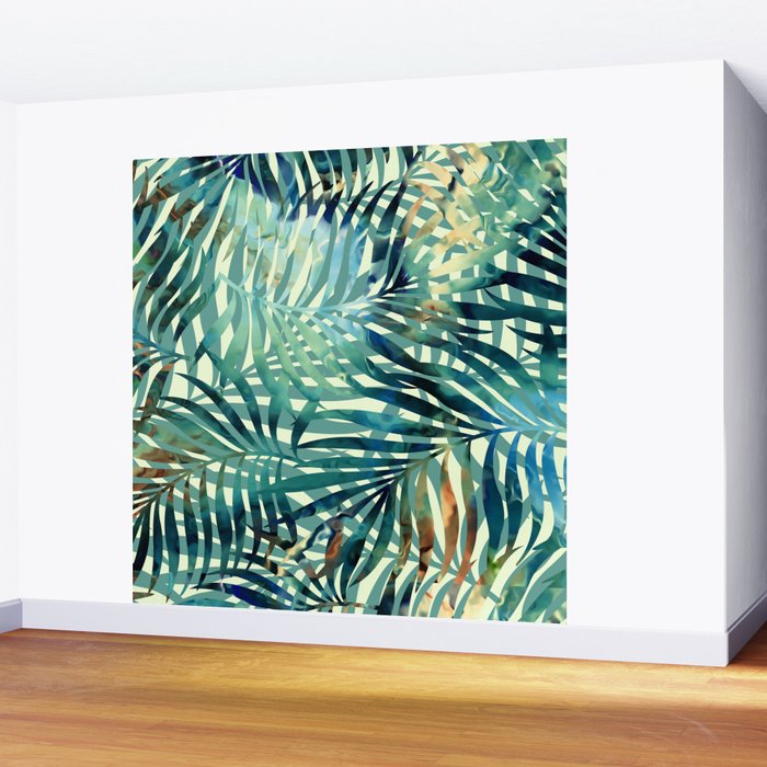 Tropical, Jungle, Palm Leaves, Watercolor Abstract, Blue and Green Wall Mural Gallery Image 2