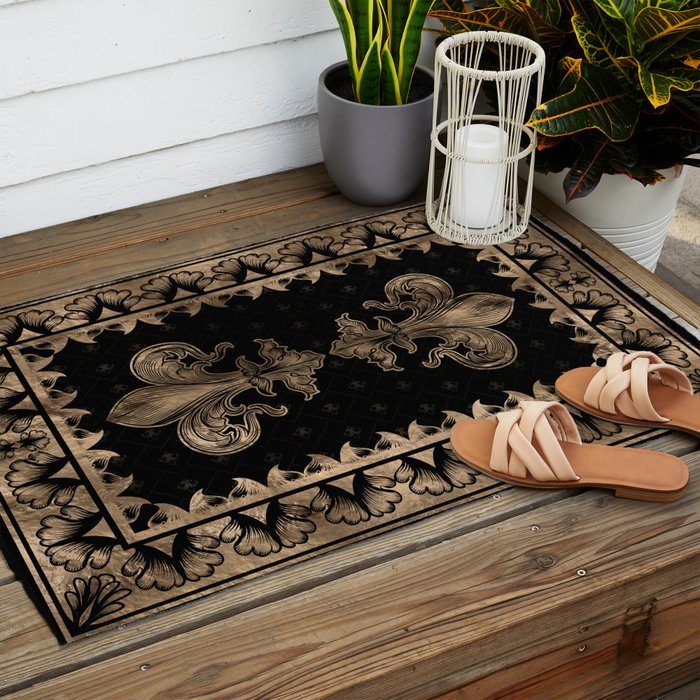 Fleur-de-lis - Black and Gold #1 Outdoor Rug Gallery Image 2