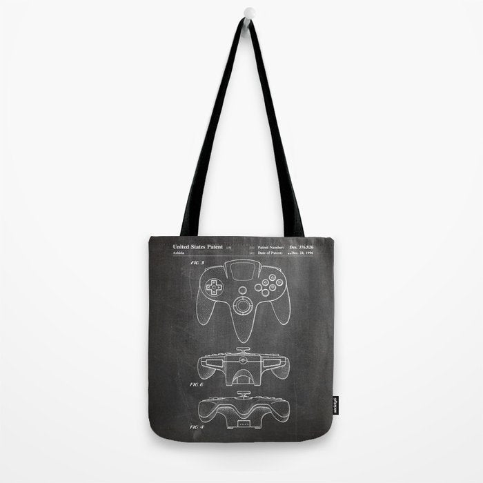 Video Game Controller Patent - Retro Gaming Game Room Art - Black Chalkboard Tote Bag Gallery Image 2