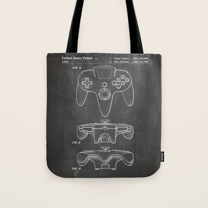 Video Game Controller Patent - Retro Gaming Game Room Art - Black Chalkboard Tote Bag Gallery Image 1