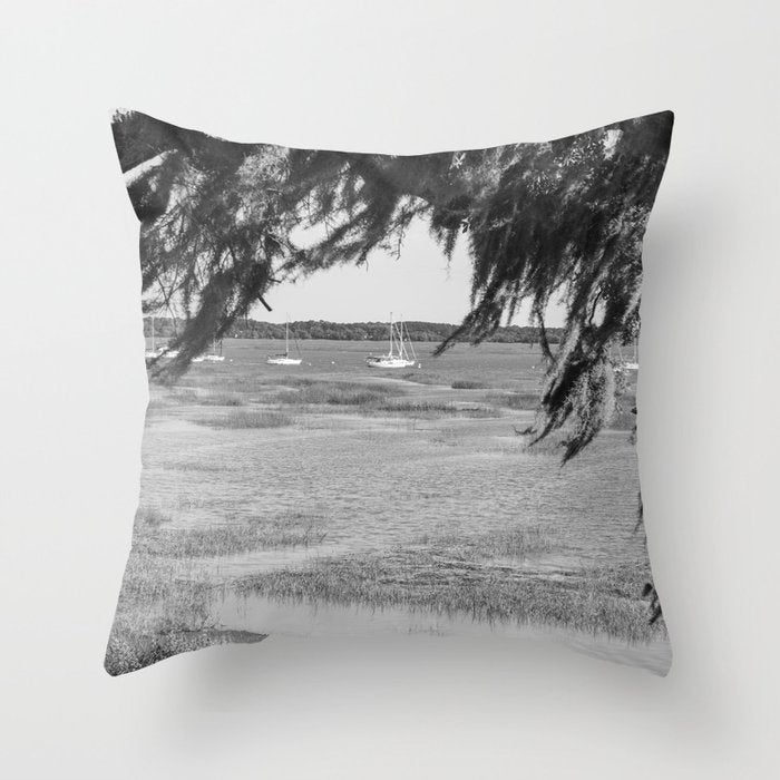 Beaufort South Carolina Spanish Moss and Sailboats Photography Throw Pillow Gallery Image 1