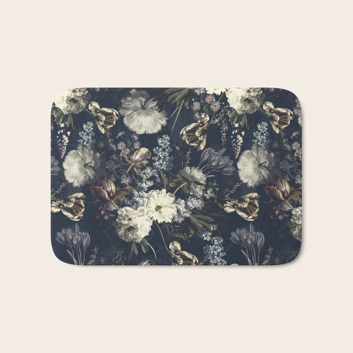 Antique Blue Moonlight Midnight Baroque Flower Garden Bath Mat Gallery Image 1