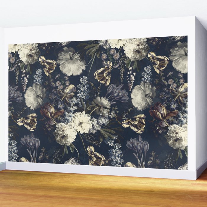 Antique Blue Moonlight Midnight Baroque Flower Garden Wall Mural Gallery Image 2