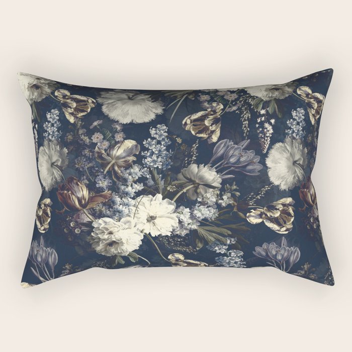 Antique Blue Moonlight Midnight Baroque Flower Garden Rectangular Pillow