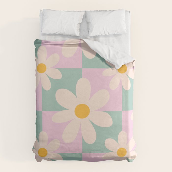 Daisy checkered pattern - Lilac and turquoise  Duvet Cover Gallery Image 1