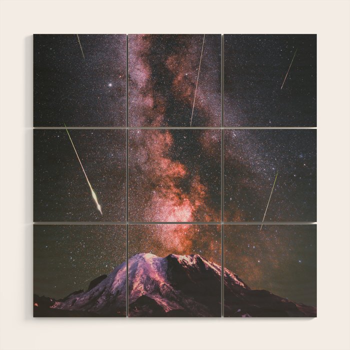 Mount Rainier Under Shooting Stars Wood Wall Art Gallery Image 1