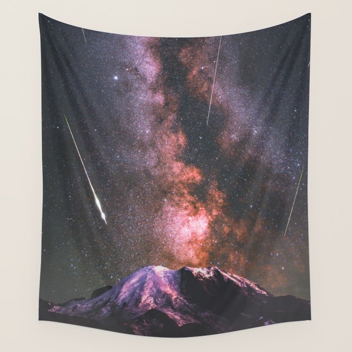 Mount Rainier Under Shooting Stars Wall Tapestry Gallery Image 1