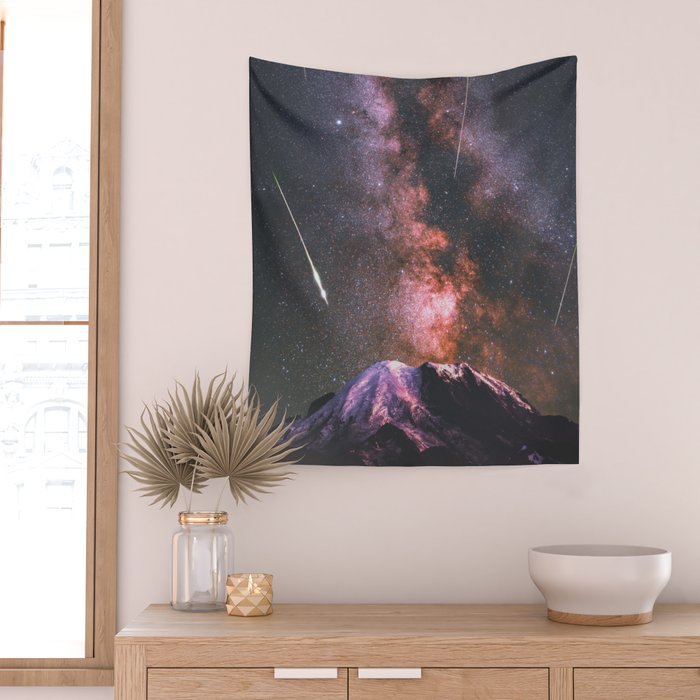 Mount Rainier Under Shooting Stars Wall Tapestry Gallery Image 2
