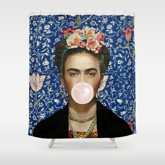 Woman  Blowing a pink Bubble gum with vintage Medway tapestry Shower Curtain Gallery Image 1