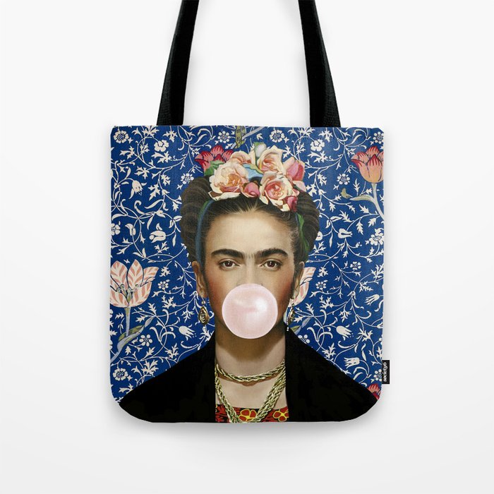 Woman  Blowing a pink Bubble gum with vintage Medway tapestry Tote Bag Gallery Image 1