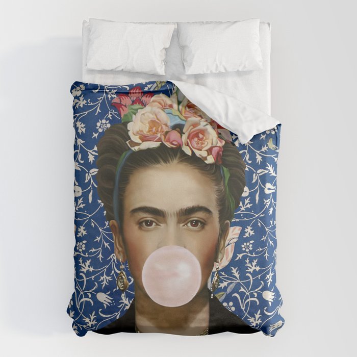 Woman  Blowing a pink Bubble gum with vintage Medway tapestry Duvet Cover Gallery Image 6