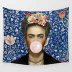 Woman  Blowing a pink Bubble gum with vintage Medway tapestry Wall Tapestry Gallery Image 4