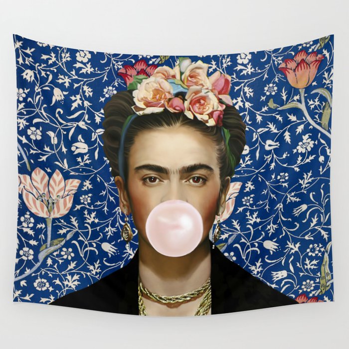 Woman  Blowing a pink Bubble gum with vintage Medway tapestry Wall Tapestry Gallery Image 4