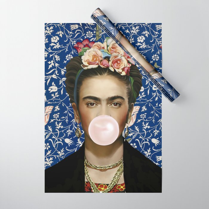 Woman  Blowing a pink Bubble gum with vintage Medway tapestry Wrapping Paper Gallery Image 1