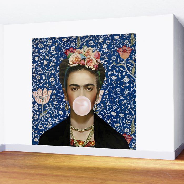 Woman  Blowing a pink Bubble gum with vintage Medway tapestry Wall Mural Gallery Image 2
