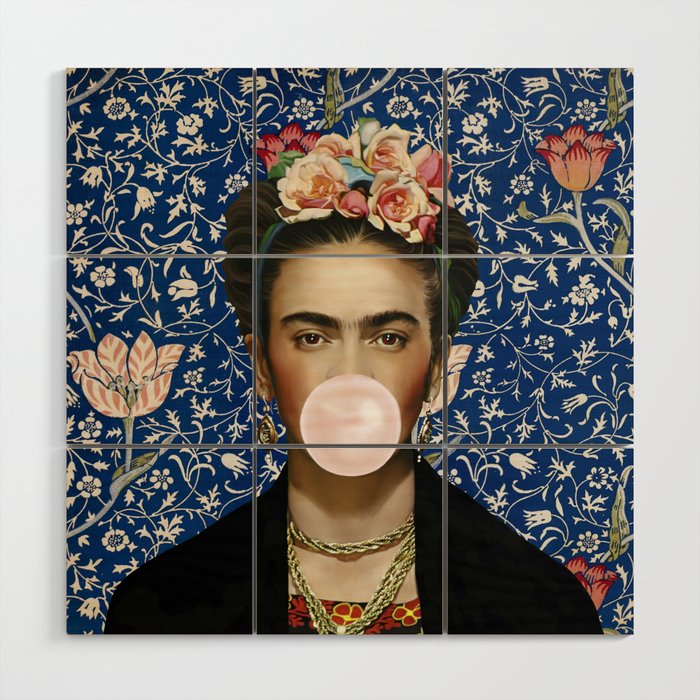 Woman  Blowing a pink Bubble gum with vintage Medway tapestry Wood Wall Art Gallery Image 1